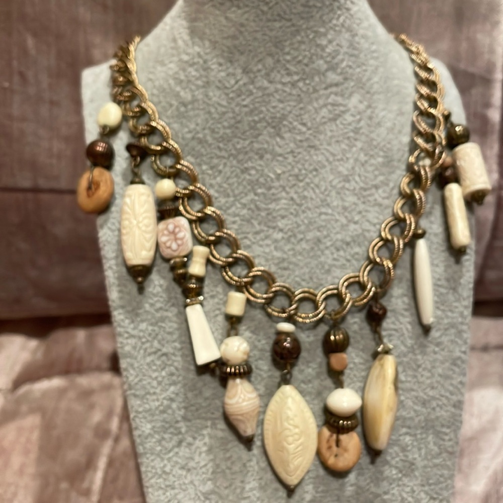Vintage Double Link Textured Charm Necklace 17”